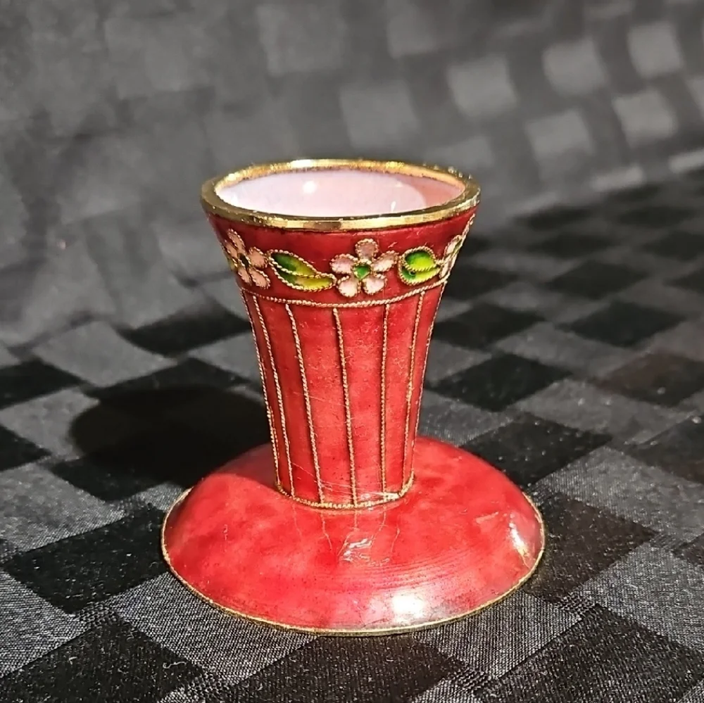 Vintage Chinese Cloisonné Red Enamel Egg Cup / Sake Cup Brass Floral Filigree